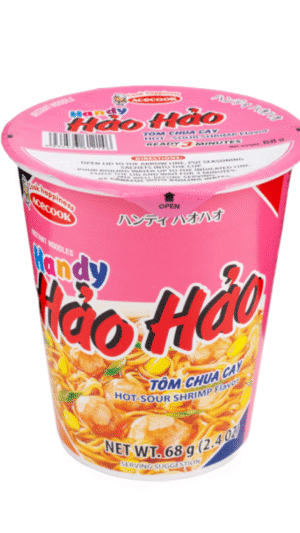 Pink cup of hot-sour shrimp noodles.