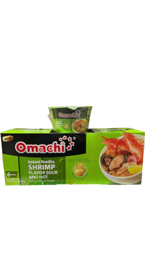 Omachi shrimp instant noodles packaging.
