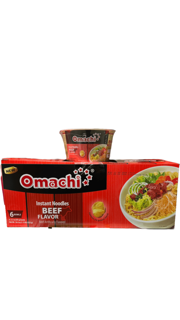 Omachi beef flavor instant noodles packaging.