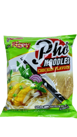 Instant pho noodles, chicken flavor packaging.