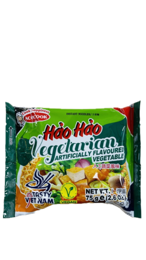 Hao Hao vegetarian instant noodles packaging.