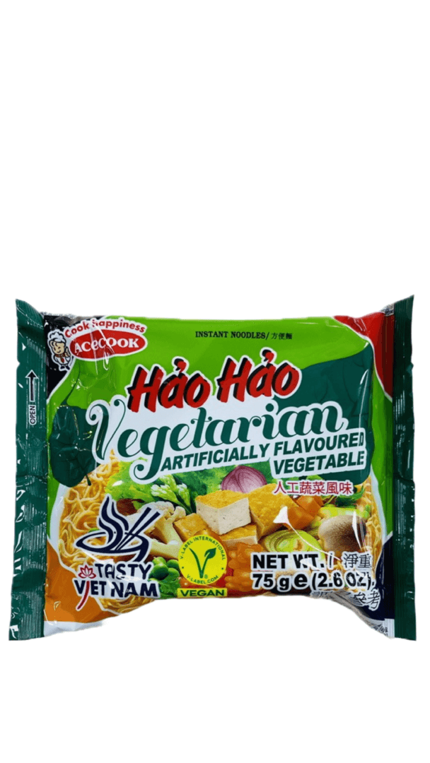 Hao Hao vegetarian instant noodles packaging.