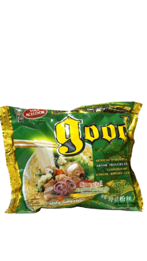 Green instant noodle package with "Good" branding.