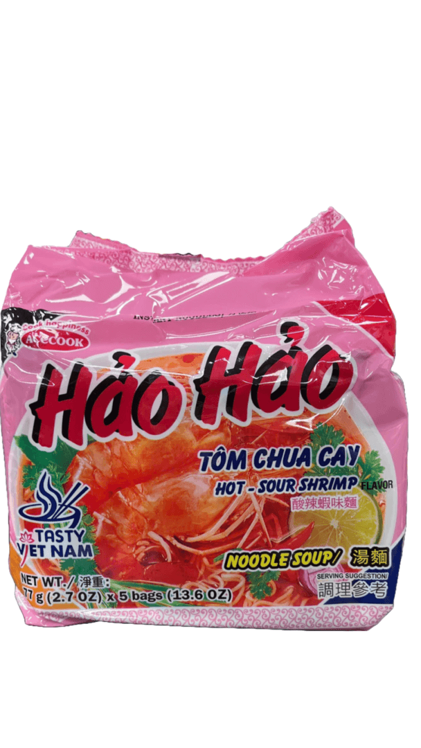 Pink package of instant noodle soup.