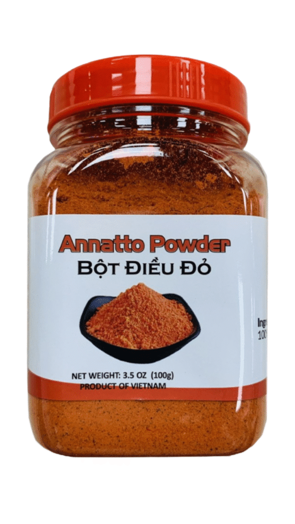 Annatto powder jar with red lid.