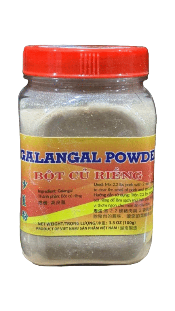 Jar of galangal powder with red lid.