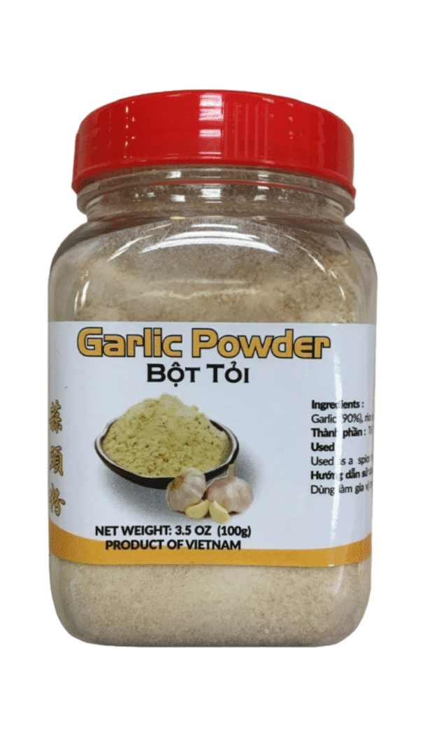 Garlic powder jar with red lid.