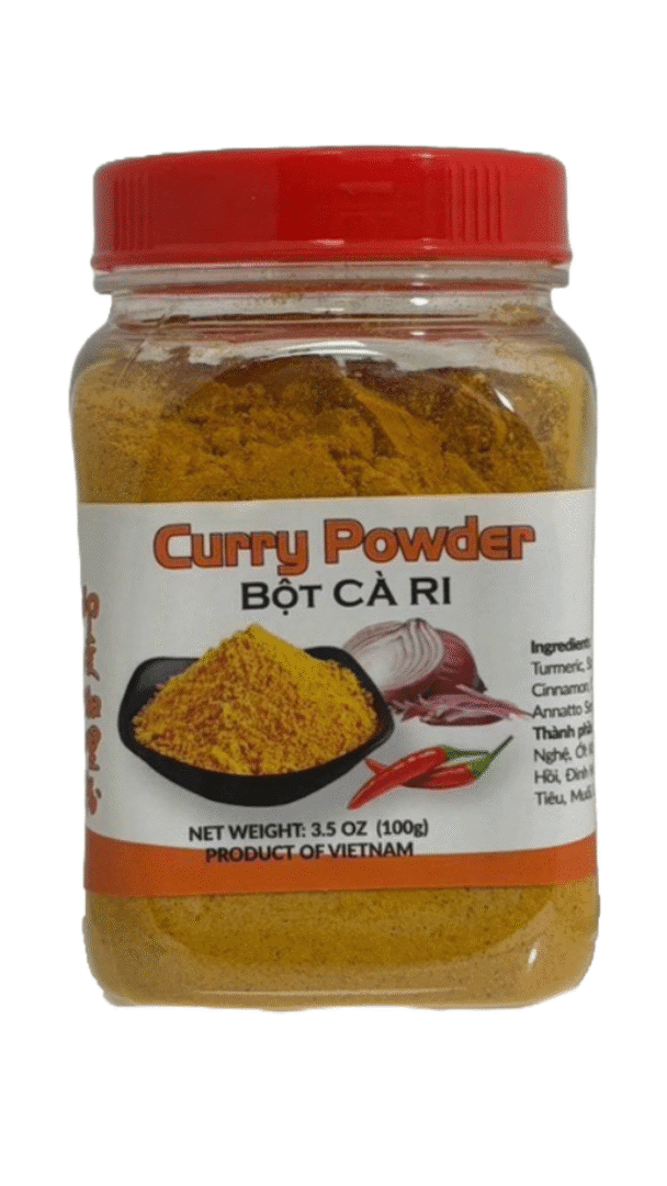 Curry powder jar with red lid.