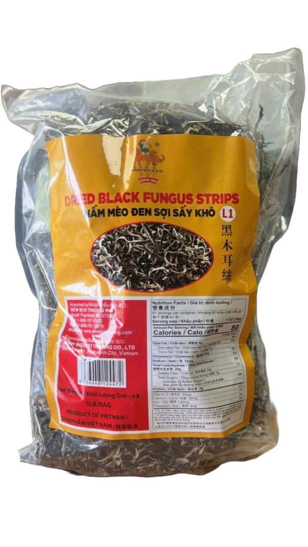 Dried black fungus strips in plastic package.