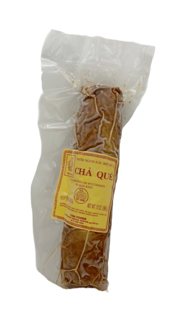 Packaged Vietnamese sausage with label, plastic wrapping.