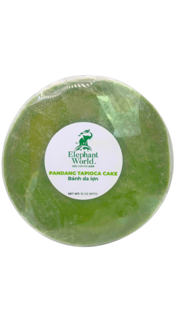 Green pandan tapioca cake in packaging.