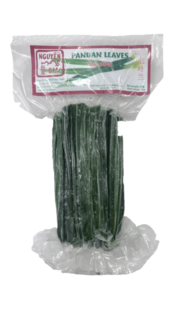 Frozen pandan leaves in clear packaging.