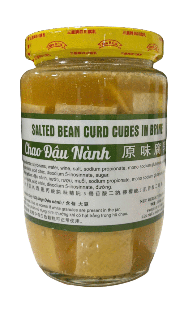 Salted bean curd cubes in brine jar.