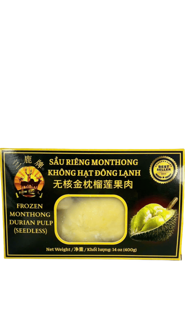 Frozen seedless durian pulp packaging.