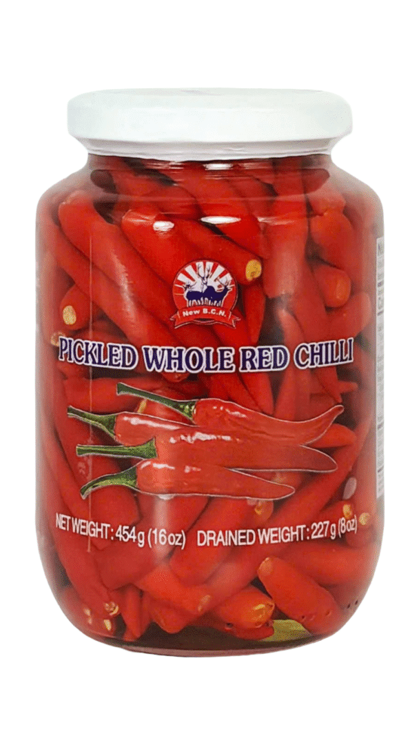Jar of pickled whole red chili peppers.
