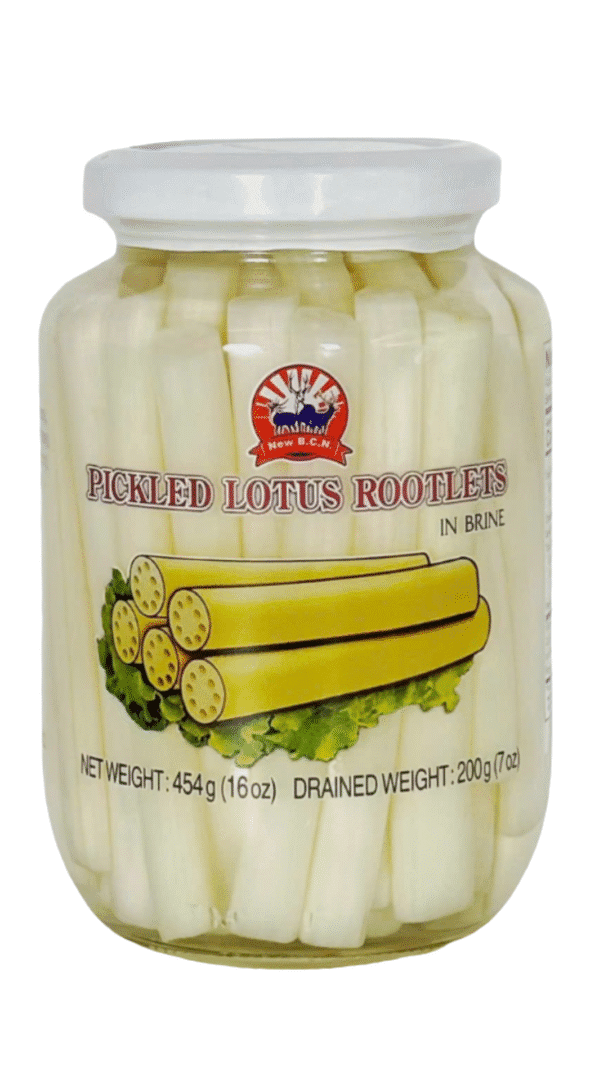 Jar of pickled lotus rootlets in brine.