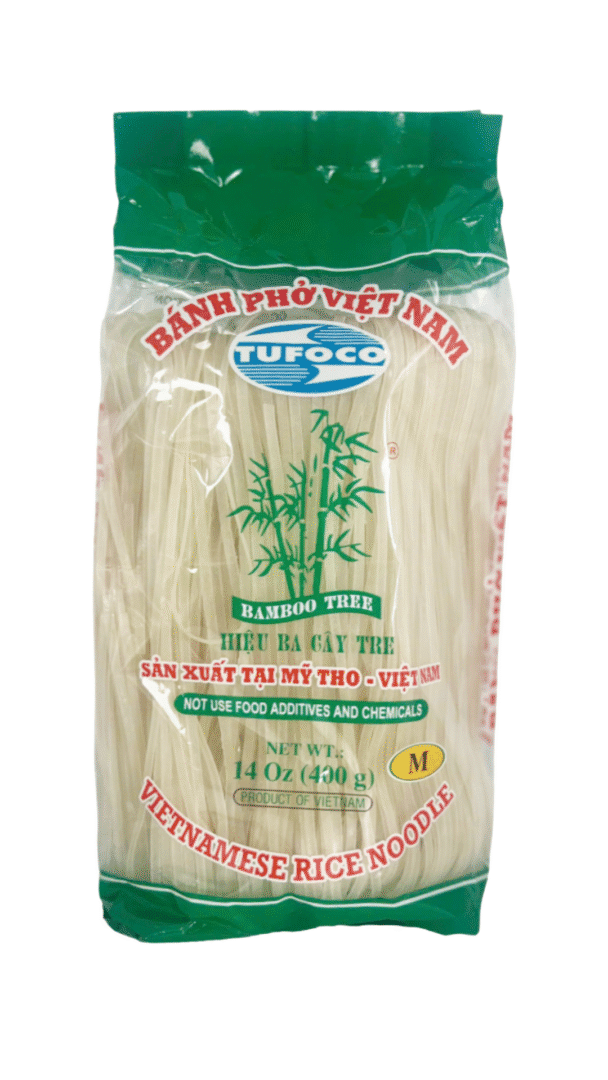 Vietnamese rice noodle package with green label.