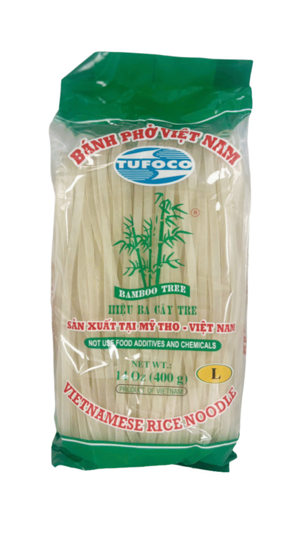 Vietnamese rice noodles in green packaging.