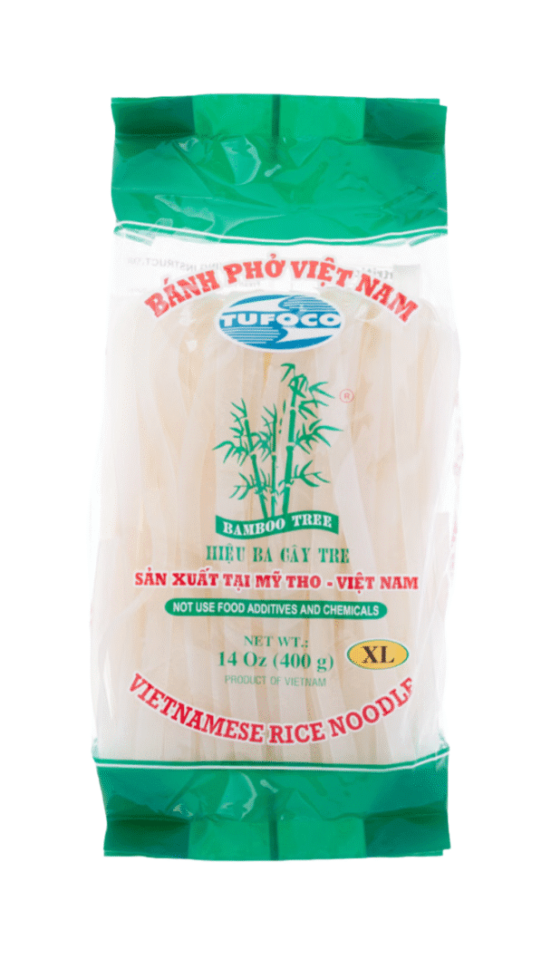 Vietnamese rice noodles in green packaging.