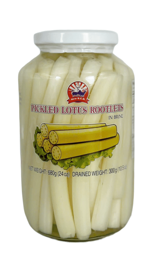 Jar of pickled lotus rootlets in brine.