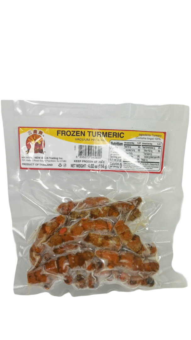 Packaged frozen turmeric in clear plastic bag.