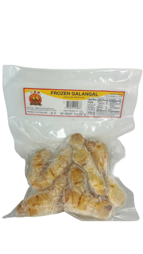 Frozen galangal in sealed plastic packaging.