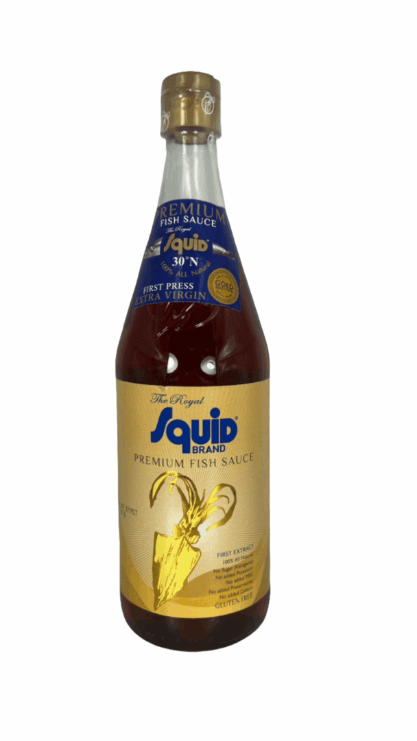 Squid Brand premium fish sauce bottle.