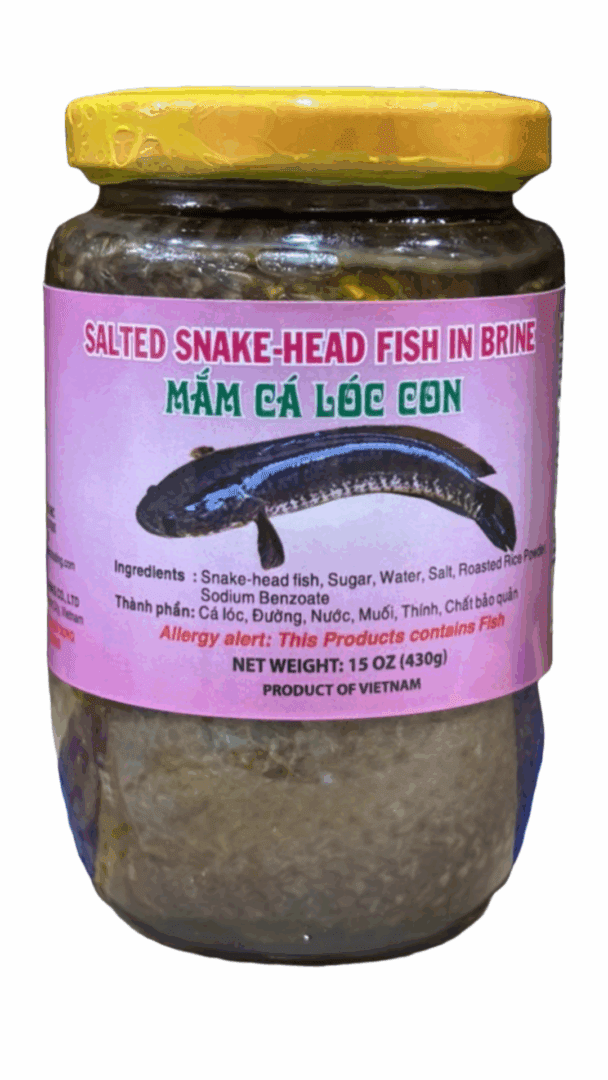 Jar of salted snake-head fish in brine.