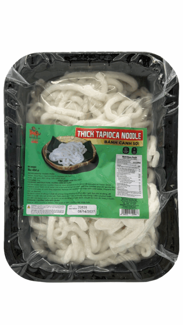 Packaged thick tapioca noodles in plastic tray.