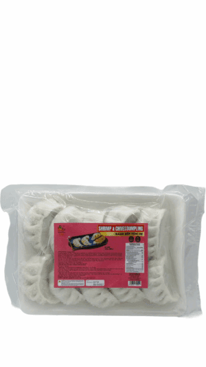 Frozen shrimp dumplings in plastic packaging.