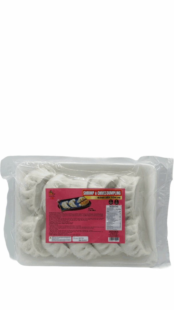 Frozen shrimp dumplings in plastic packaging.