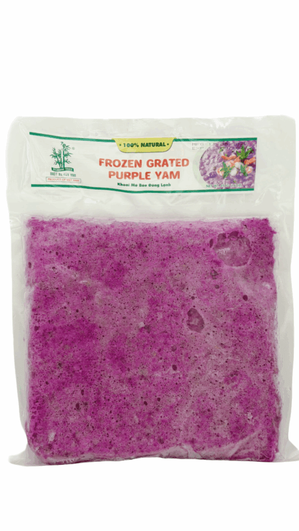 Frozen grated purple yam in plastic packaging.