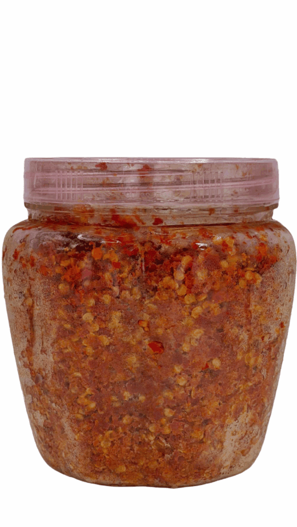 Jar of spicy chili paste.