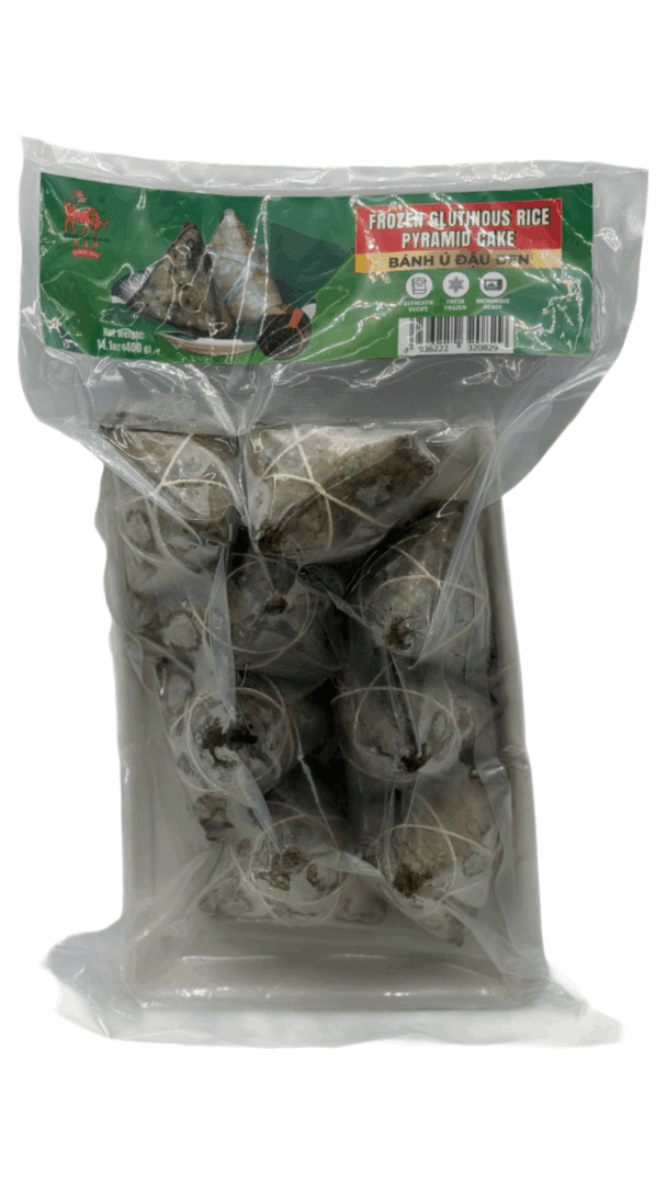 Packaged frozen glutinous rice pyramid cakes.