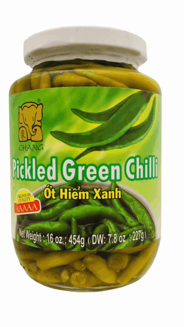 Jar of pickled green chili peppers.