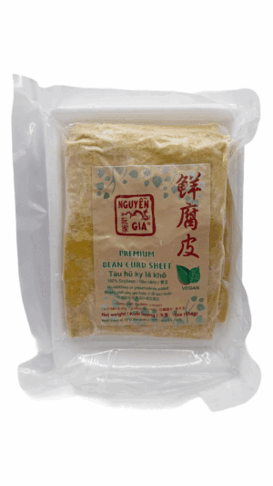Packaged bean curd sheet with Asian labeling.