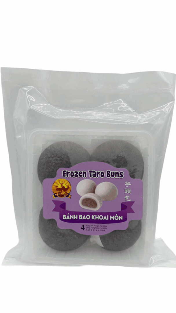 Frozen taro buns in clear packaging.