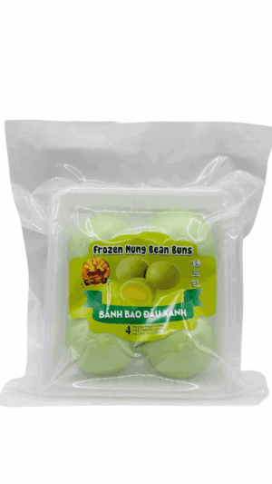 Frozen mung bean buns in clear packaging.