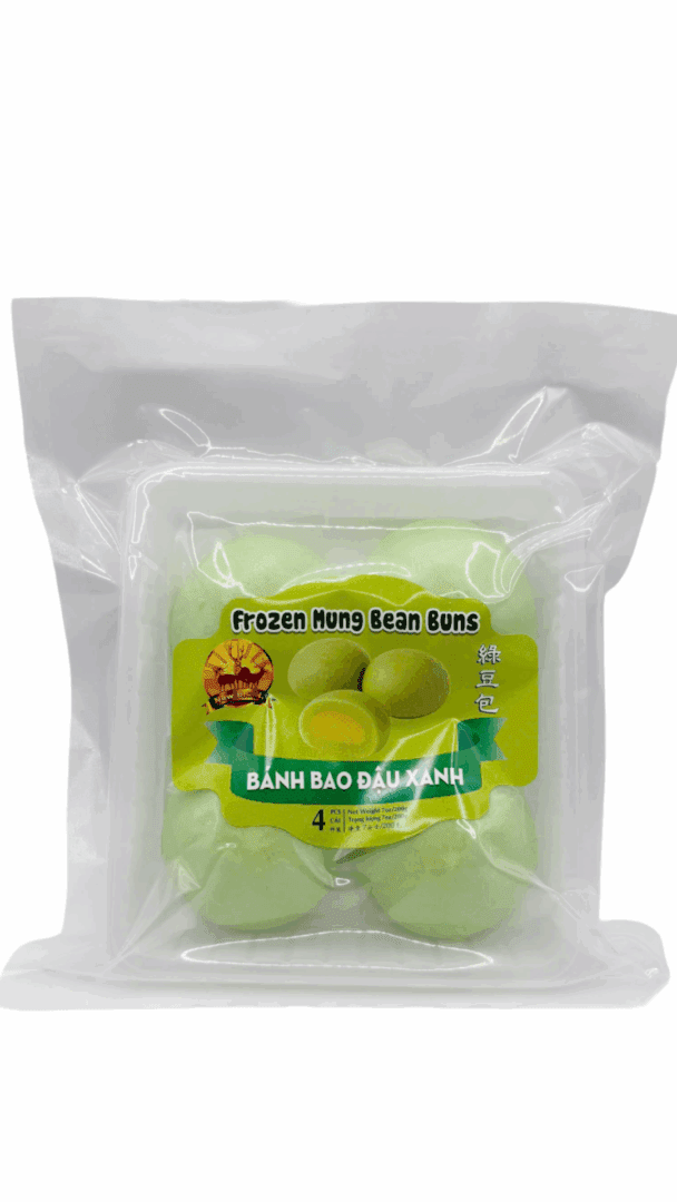 Frozen mung bean buns in clear packaging.