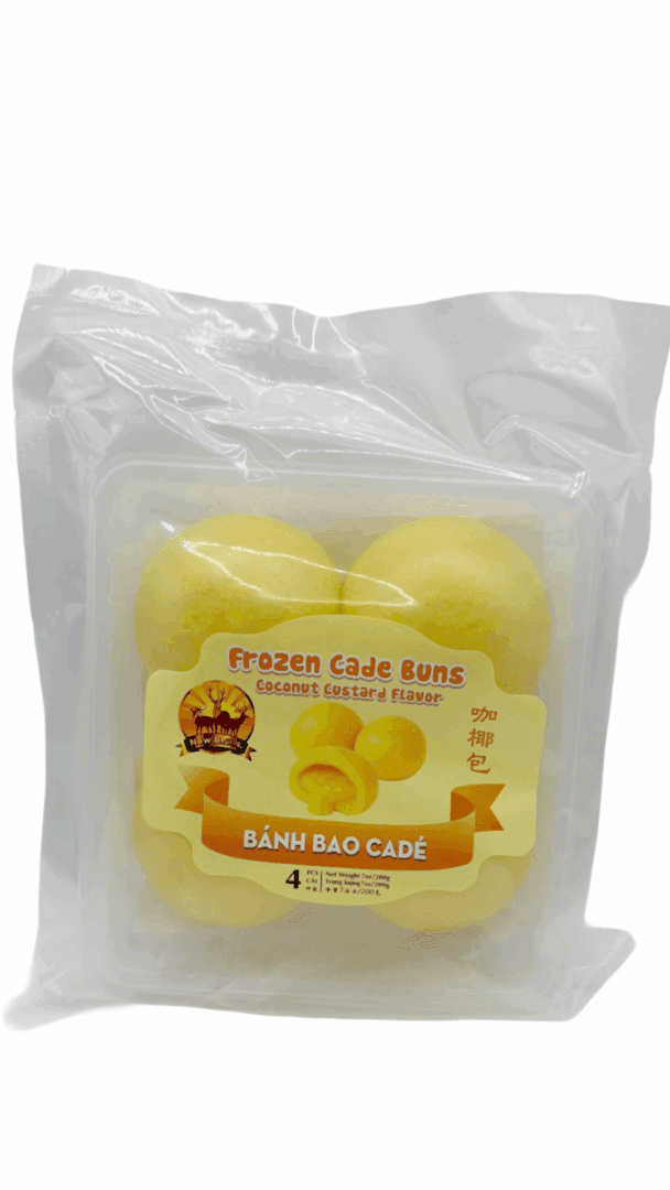 Pack of frozen yellow buns, labeled Bánh Bao Cadé.