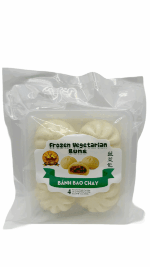 Frozen vegetarian buns in sealed packaging.