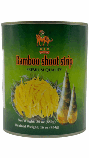 Canned bamboo shoot strips, green label.