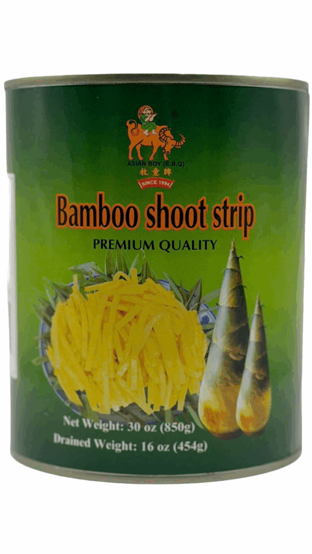 Canned bamboo shoot strips, green label.