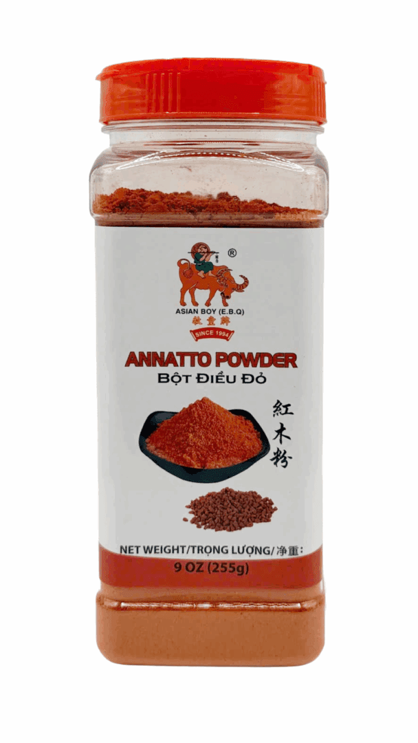 Annatto powder container with red cap.