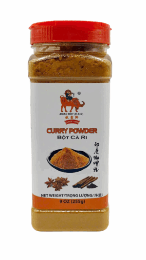Curry powder bottle with red cap.