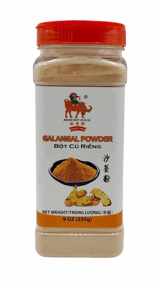Galangal powder jar with red lid.