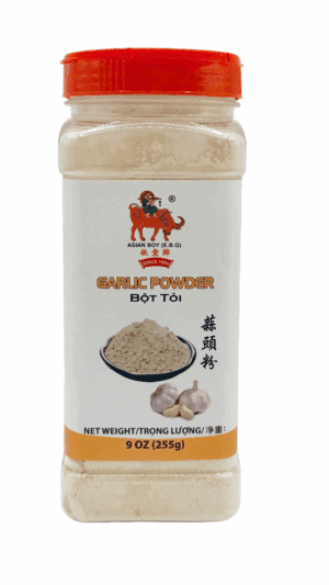 Garlic powder container with red lid.