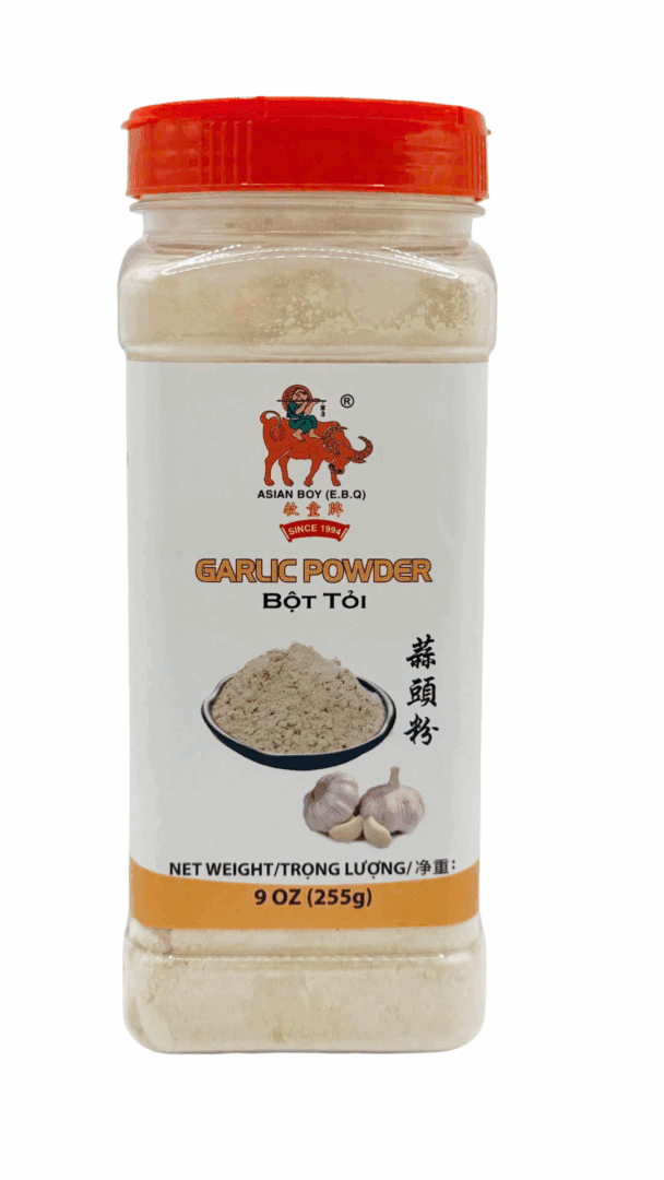 Garlic powder container with red lid.