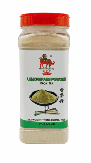 Lemongrass powder in a plastic container.