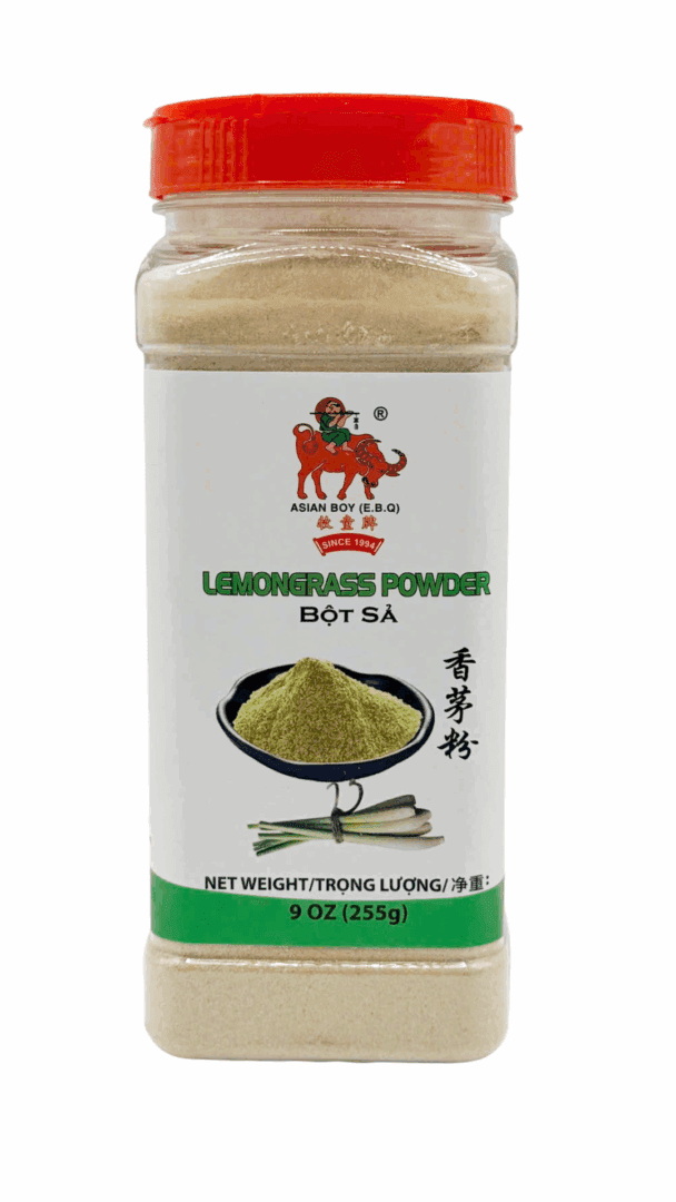 Lemongrass powder in a plastic container.